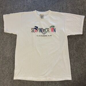 Vintage 90s Alore Seawind Crown Caribbean Embroidered Surf Beach Dolphin Tee Lg